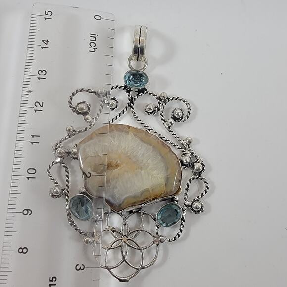 Druzy Agate Pendant – With Blue Topaz Accents + 20" Silver Snake Chain - Picture 5 of 10